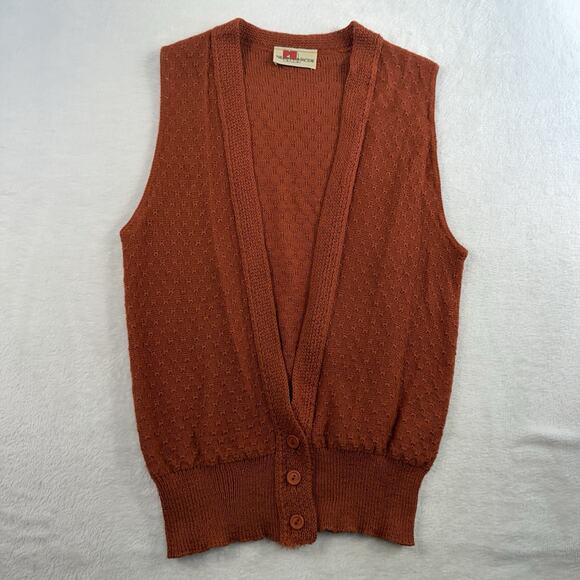 Vintage 70s XS Sweater Vest V-Neck Button Up Burnt Orange Earthy Cottagecore - Picture 2 of 9